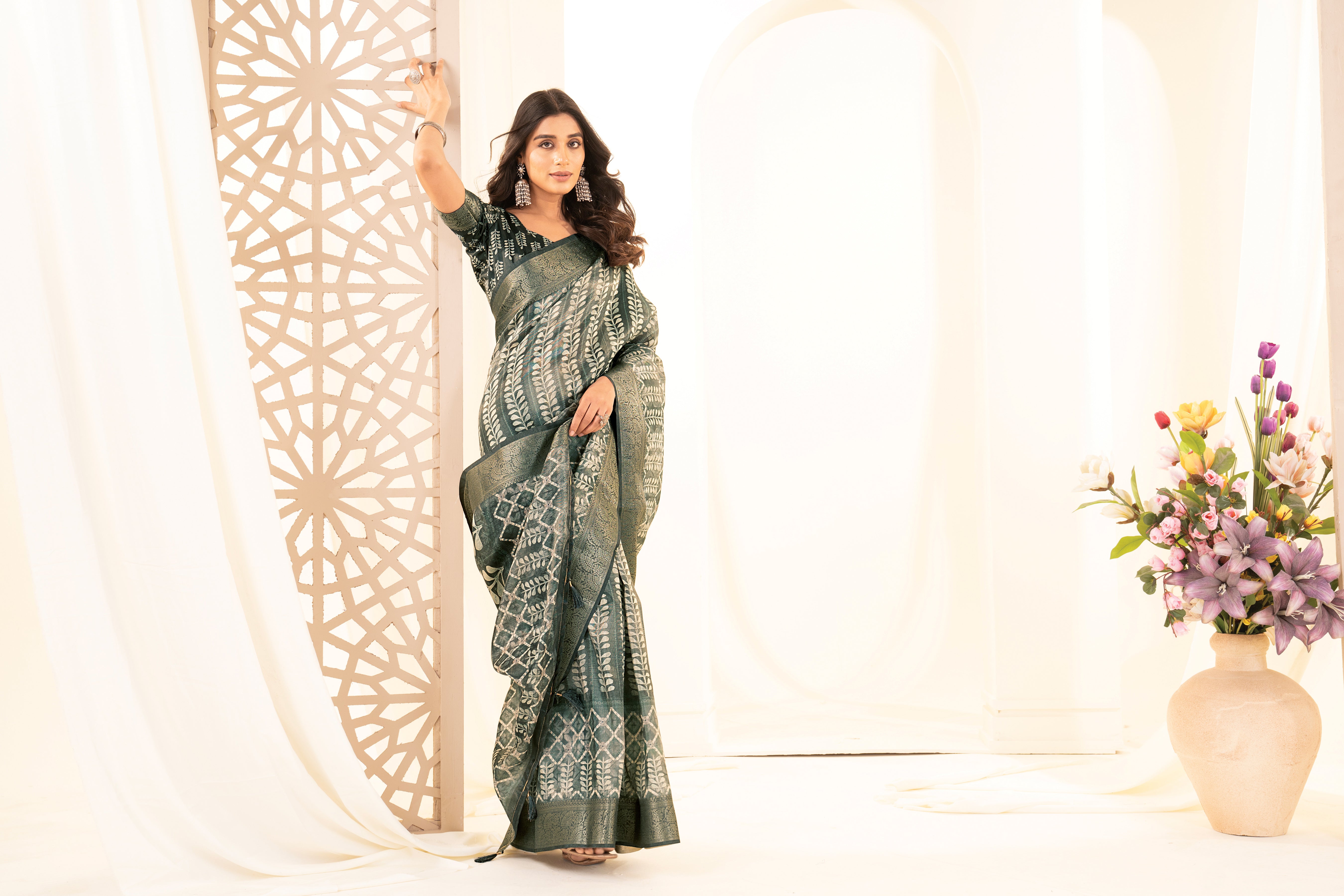 Rama Green Tussar Silk Ajrak Saree